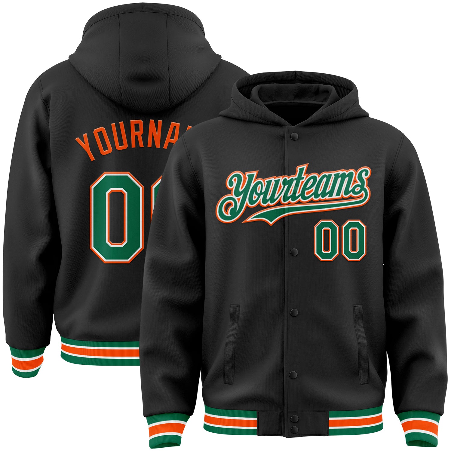 Custom Team Bomber Hoodie Jacket - Personalized Black Kelly Green Orange Varsity Full-Snap with Name & Number Personalized