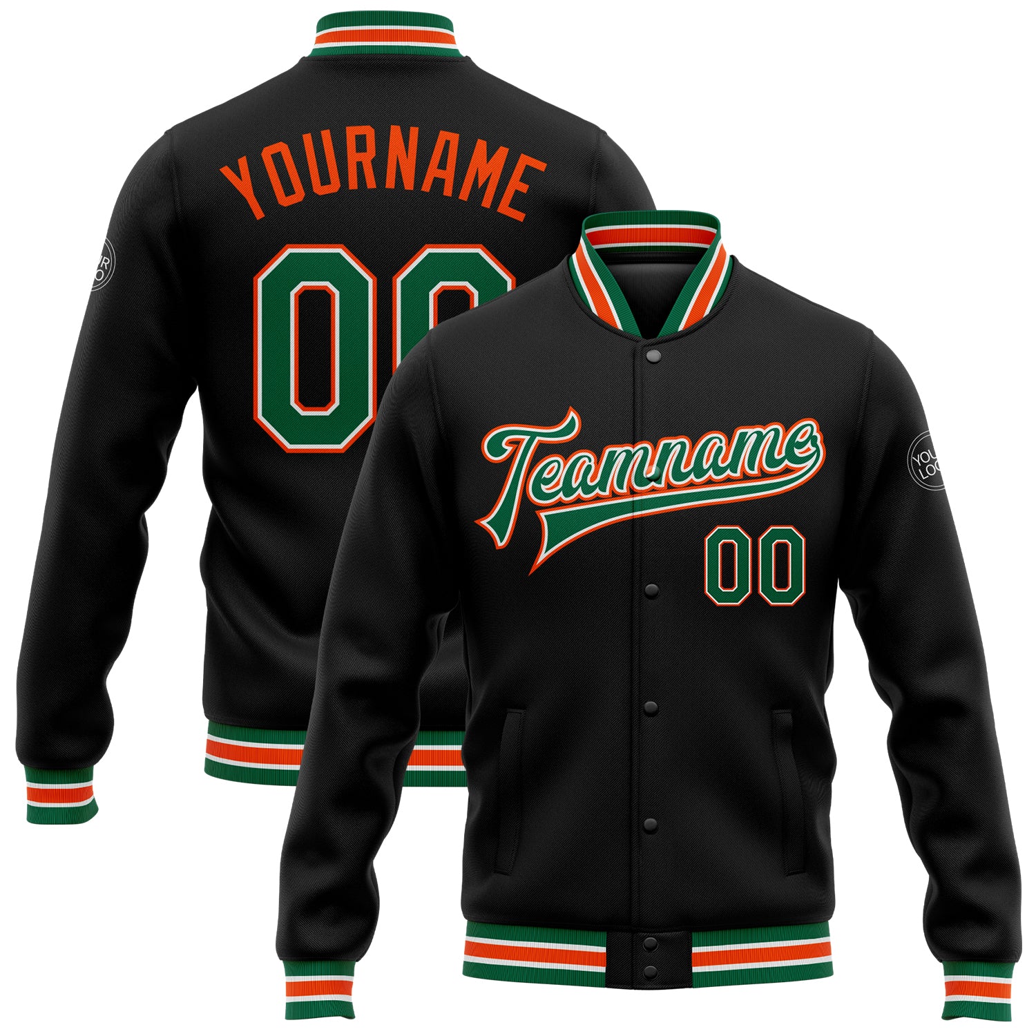 Personalized Black Varsity Letterman Jacket in Kelly Green and Orange - Full-Snap Bomber Style Personalized Black Kelly Green-Orange
