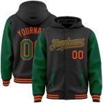 Personalized Two Tone Bomber Hoodie Jacket Black Kelly Green Orange Full-Snap Varsity Letterman Personalized Black Kelly