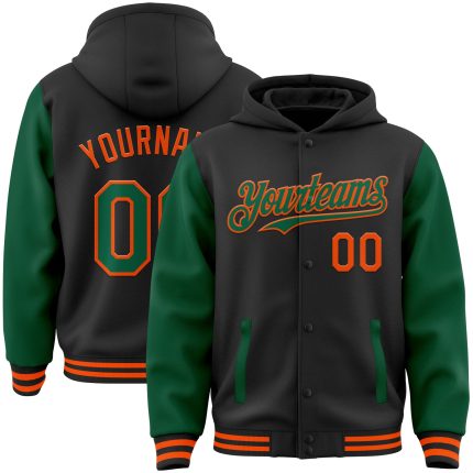 Personalized Two Tone Bomber Hoodie Jacket Black Kelly Green Orange Full-Snap Varsity Letterman Personalized Black Kelly