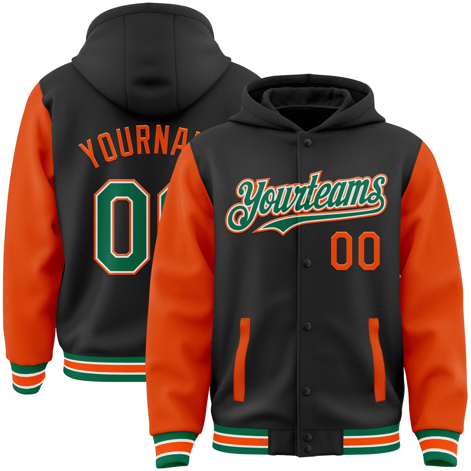 Custom Two Tone Bomber Hoodie Jacket with Team Name and Number - Personalized Black Kelly Green Orange Varsity Full-Snap
