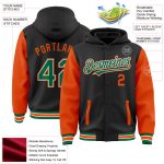 Custom Two Tone Bomber Hoodie Jacket with Team Name and Number - Personalized Black Kelly Green Orange Varsity Full-Snap