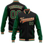 Personalized Kelly Green and Orange Two Tone Bomber Jacket Full-Snap Varsity Letterman Personalized Black Kelly Green-Orange