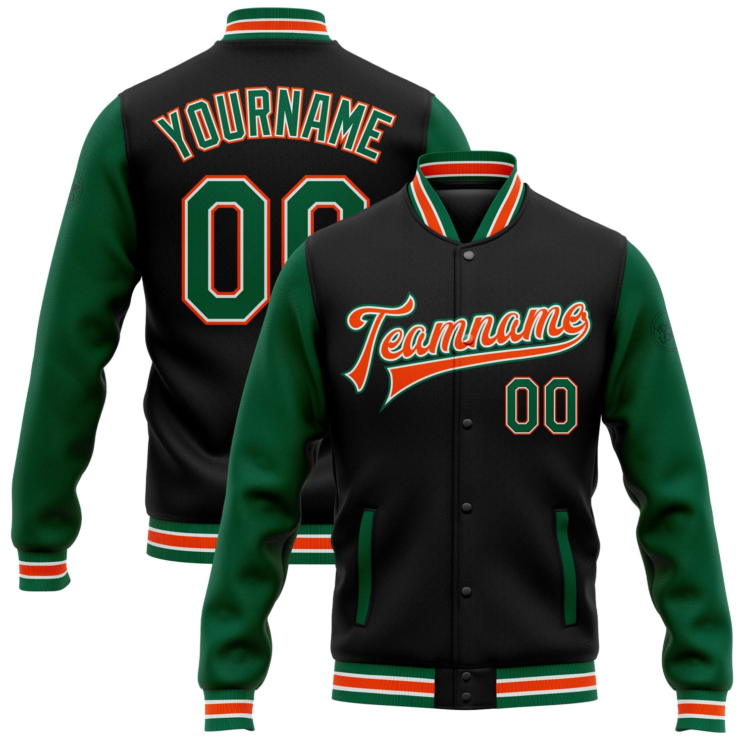 Personalized Kelly Green and Orange Two Tone Bomber Jacket Full-Snap Varsity Letterman Personalized Black Kelly Green-Orange