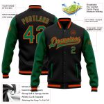 Personalized Two Tone Bomber Jacket in Black Kelly Green-Orange, Full-Snap Varsity Letterman Style Personalized Black Kelly