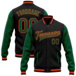 Personalized Two Tone Bomber Jacket in Black Kelly Green-Orange, Full-Snap Varsity Letterman Style Personalized Black Kelly