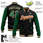 Personalized Kelly Green and Orange Two Tone Bomber Jacket Full-Snap Varsity Letterman Personalized Black Kelly Green-Orange
