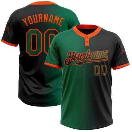 Custom Unisex Softball Jersey - Personalized Gradient Black Kelly Green-Orange Two-Button with Name and Number Personalized