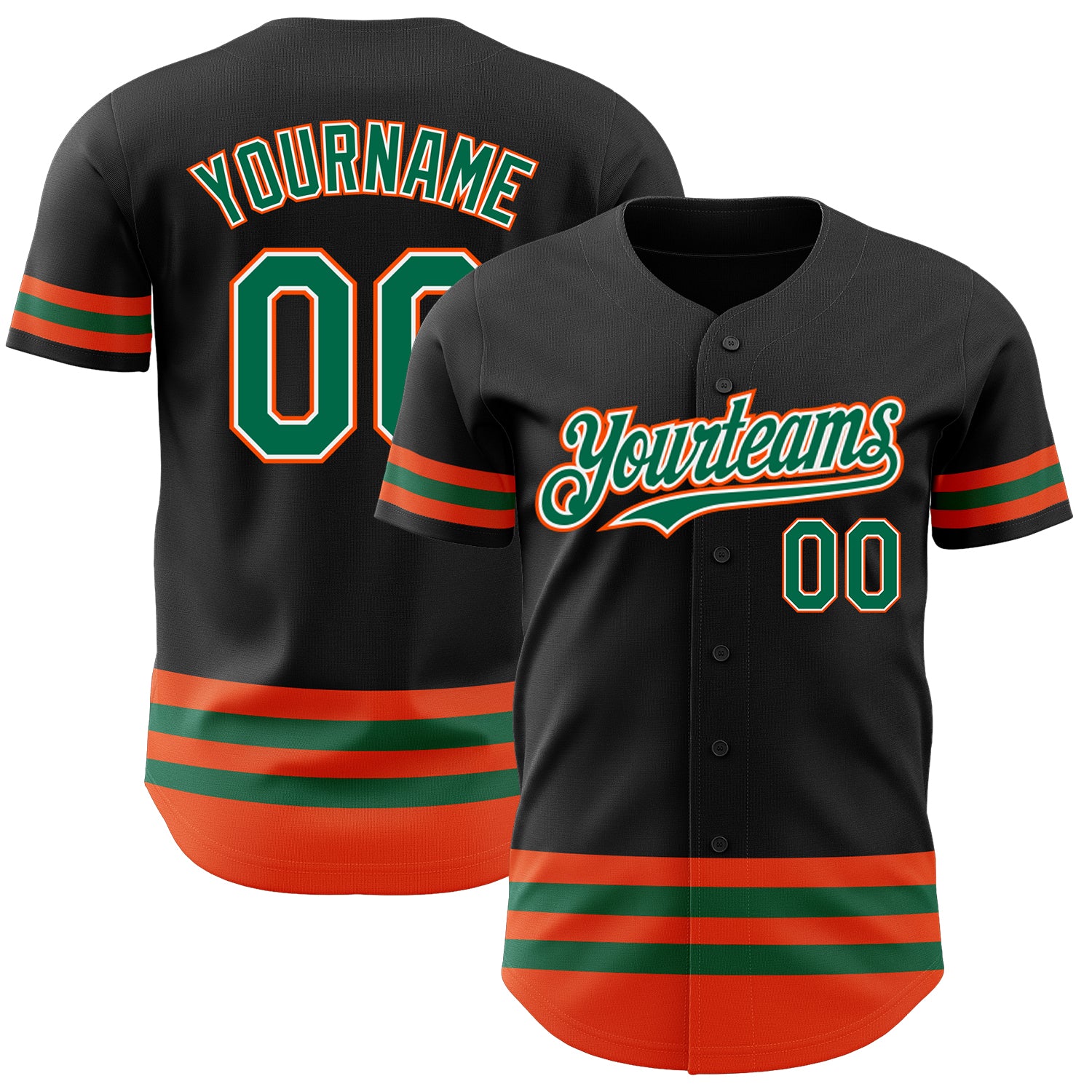Personalized Baseball Jersey in Black with Kelly Green and Orange Lines Personalized Black Kelly Green-Orange Line Baseball