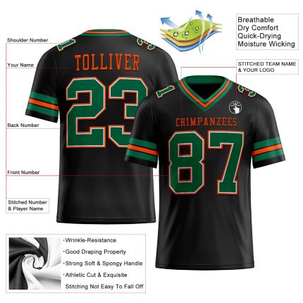 Personalized Black Mesh Football Jersey with Kelly Green and Orange Details - Customizable Team Apparel Personalized Black