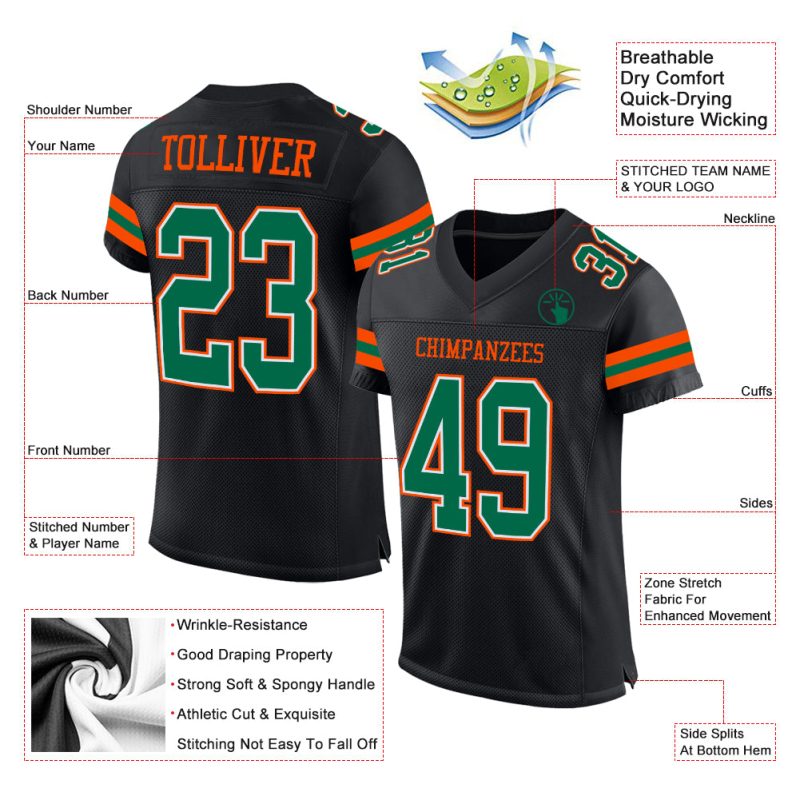 Custom Black and Kelly Green-Orange Mesh Football Jersey Personalized Personalized Black Kelly Green-Orange Mesh Football