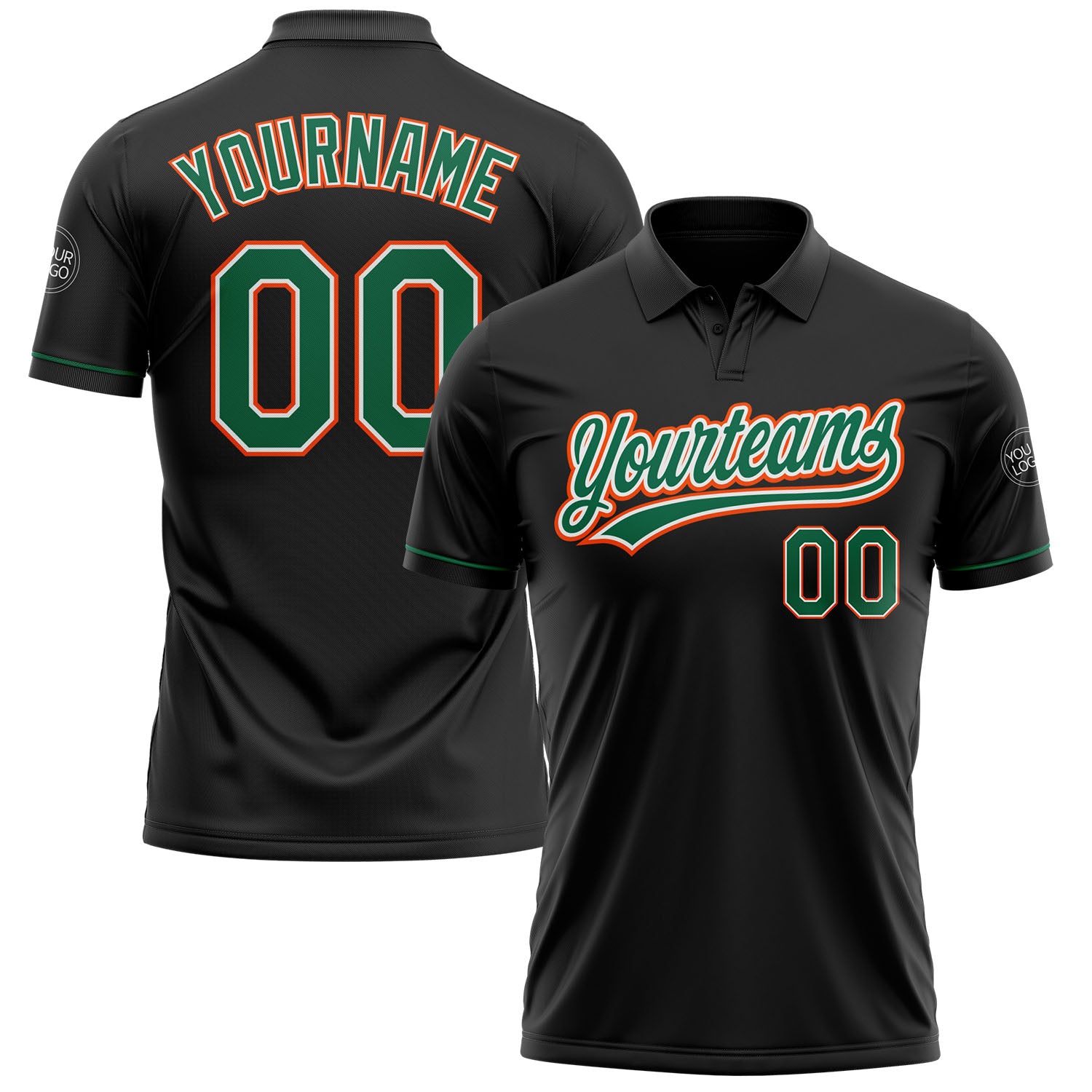 Custom Team Name Number Personalized Black Kelly Green-Orange Vapor Golf Polo Shirt Performance Apparel Personalized Black