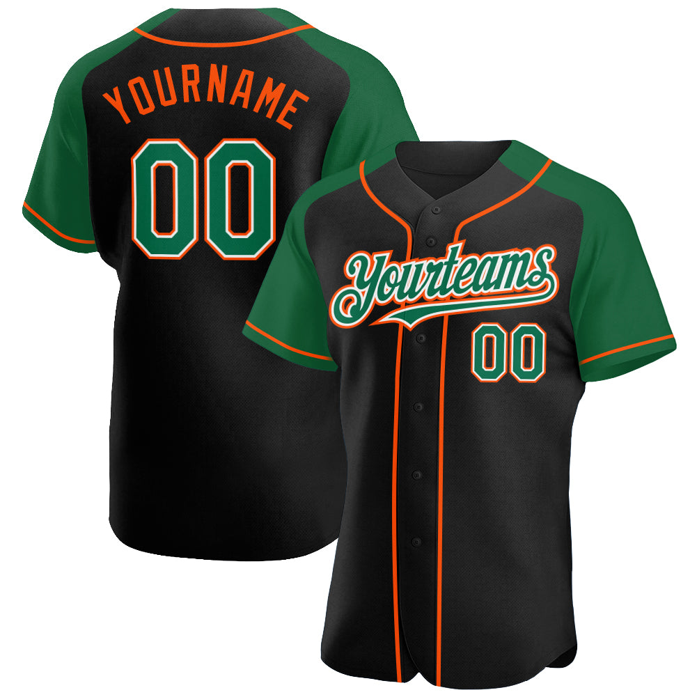 Personalized Black Baseball Jersey with Green and Orange Raglan Sleeves Personalized Black Kelly Green-Orange Raglan Sleeves