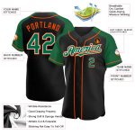 Personalized Black Baseball Jersey with Green and Orange Raglan Sleeves Personalized Black Kelly Green-Orange Raglan Sleeves