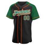 Personalized Black Baseball Jersey with Green and Orange Raglan Sleeves Personalized Black Kelly Green-Orange Raglan Sleeves