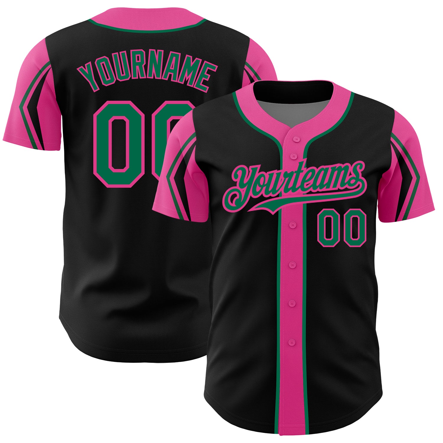Personalized Black Kelly Green Pink Baseball Jersey - 3 Colors, Arm Shapes Personalized Black Kelly Green-Pink 3 Colors Arm