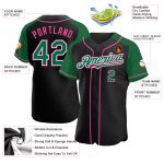 Custom Name and Number Personalized Baseball Jersey in Black Kelly Green and Pink with Authentic Raglan Sleeves Personalized