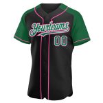 Custom Name and Number Personalized Baseball Jersey in Black Kelly Green and Pink with Authentic Raglan Sleeves Personalized