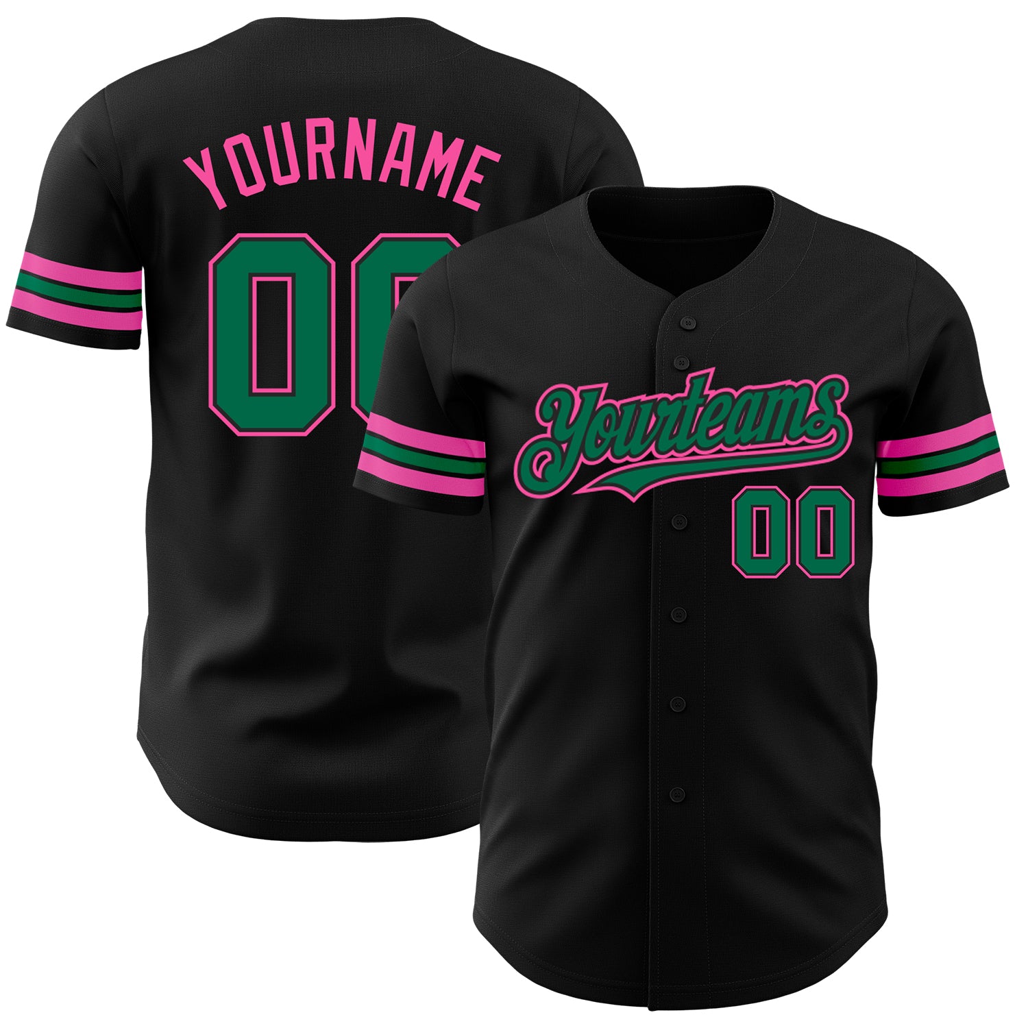 Personalized Black Baseball Jersey with Kelly Green and Pink Accents Personalized Black Kelly Green-Pink Baseball Jersey