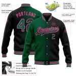 Custom Varsity Letterman Jacket with Name & Number - Personalized Black Green-Pink Bomber Full Snap Fashion Gradient Personalized