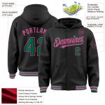 Custom Personalized Varsity Letterman Hoodie Jacket with Name and Number in Black Kelly Green and Pink, Full-Snap Bomber Style