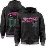 Custom Personalized Varsity Letterman Hoodie Jacket with Name and Number in Black Kelly Green and Pink, Full-Snap Bomber Style