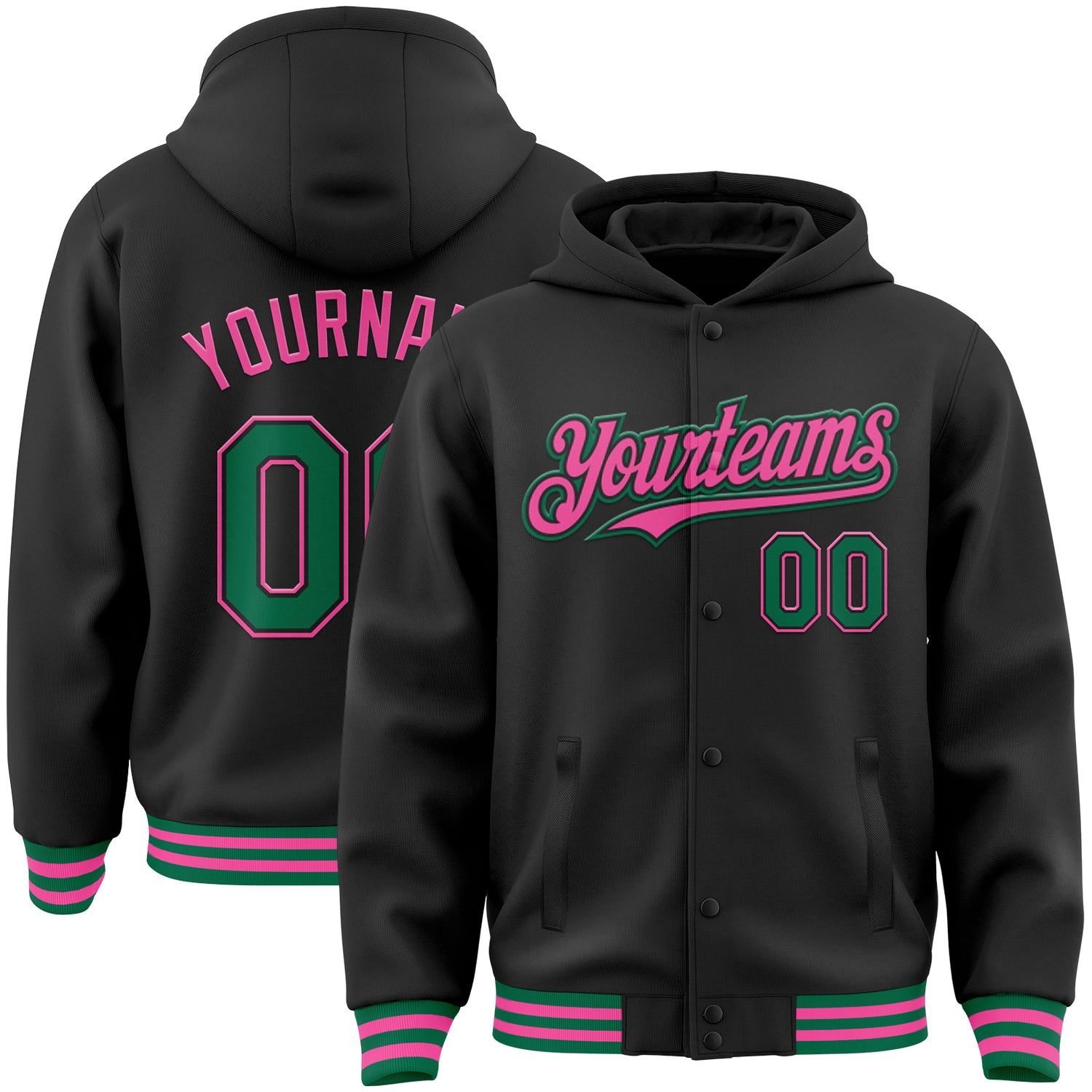 Custom Personalized Varsity Letterman Hoodie Jacket with Name and Number in Black Kelly Green and Pink, Full-Snap Bomber Style
