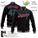 Personalized Kelly Green-Pink Bomber Varsity Letterman Jacket Black Full-Snap Personalized Black Kelly Green-Pink Bomber