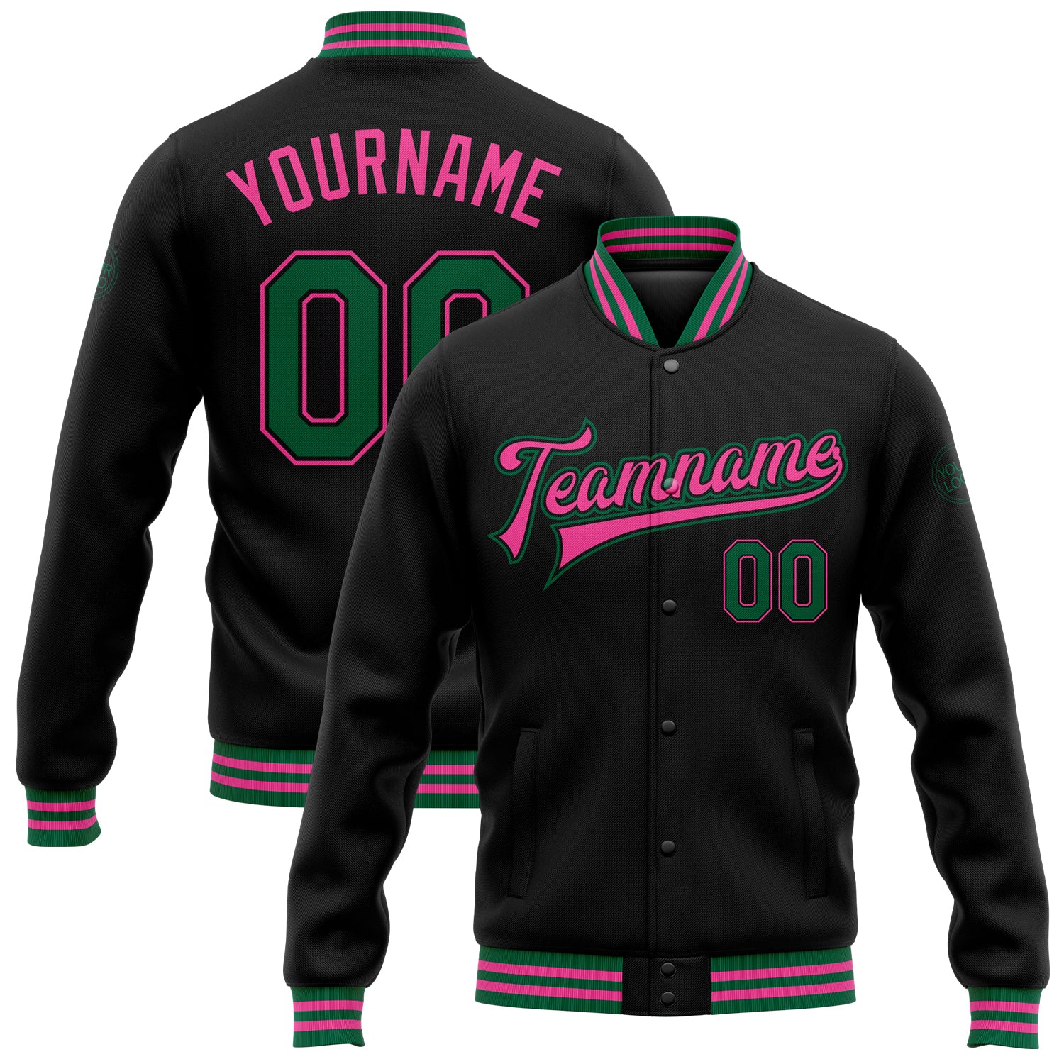 Custom Name and Number Black Kelly Green Pink Varsity Letterman Bomber Jacket - Personalized Full-Snap Team Jacket Personalized