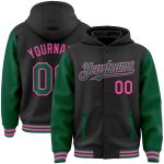 Custom Team Name Number Hoodie Jacket Personalized Black Kelly Green Pink Bomber Varsity Letterman Full-Snap Two Tone Personalized