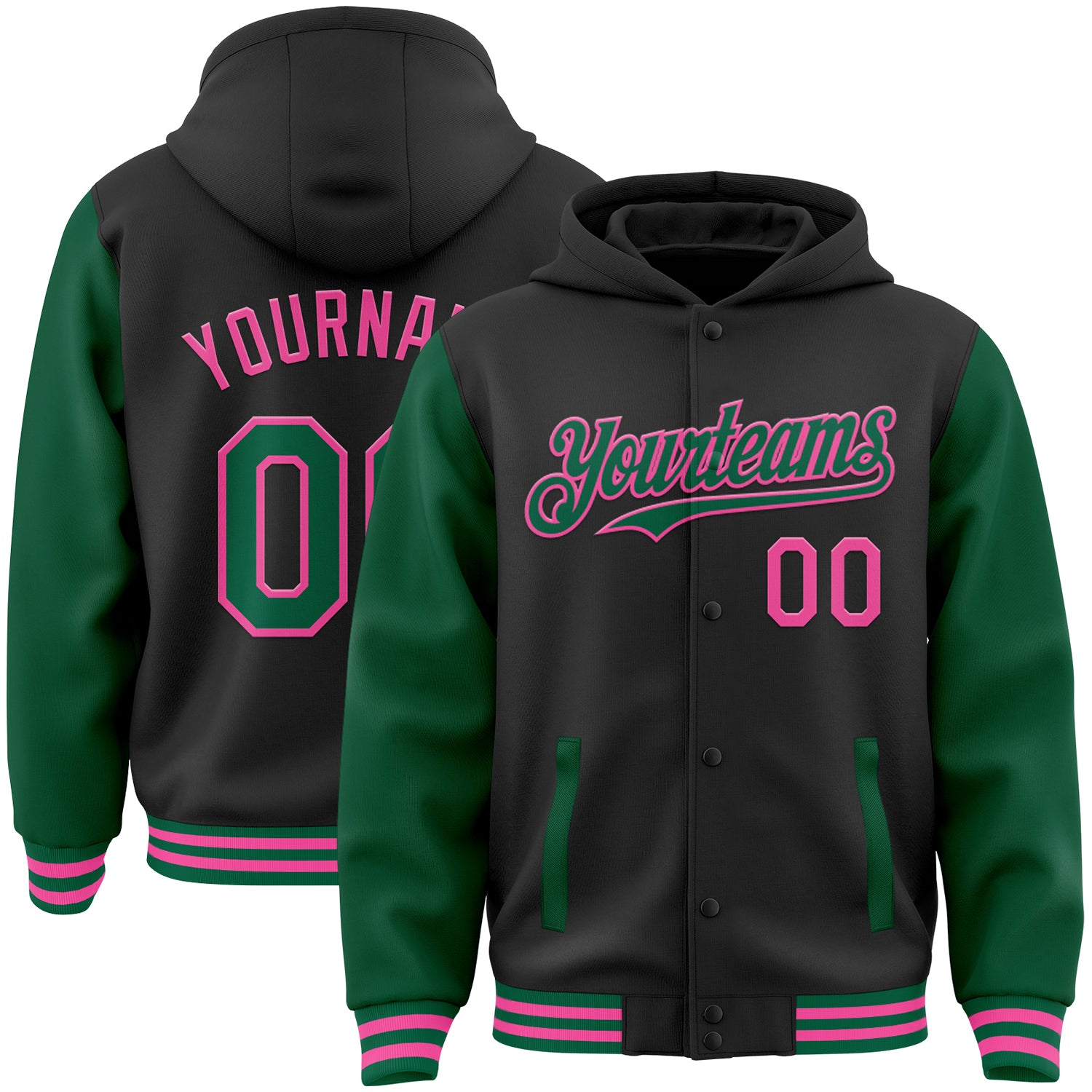 Custom Team Name Number Hoodie Jacket Personalized Black Kelly Green Pink Bomber Varsity Letterman Full-Snap Two Tone Personalized