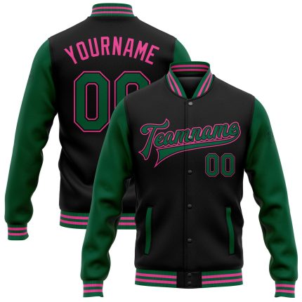 Personalized Varsity Letterman Bomber Jacket Black Kelly Green Pink Two Tone Full-Snap Personalized Black Kelly Green-Pink