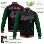 Personalized Varsity Letterman Bomber Jacket Black Kelly Green Pink Two Tone Full-Snap Personalized Black Kelly Green-Pink