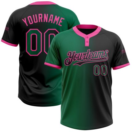 Personalized Softball Jersey for Unisex in Black Green-Pink Gradient, Two-Button Style Personalized Black Kelly Green-Pink