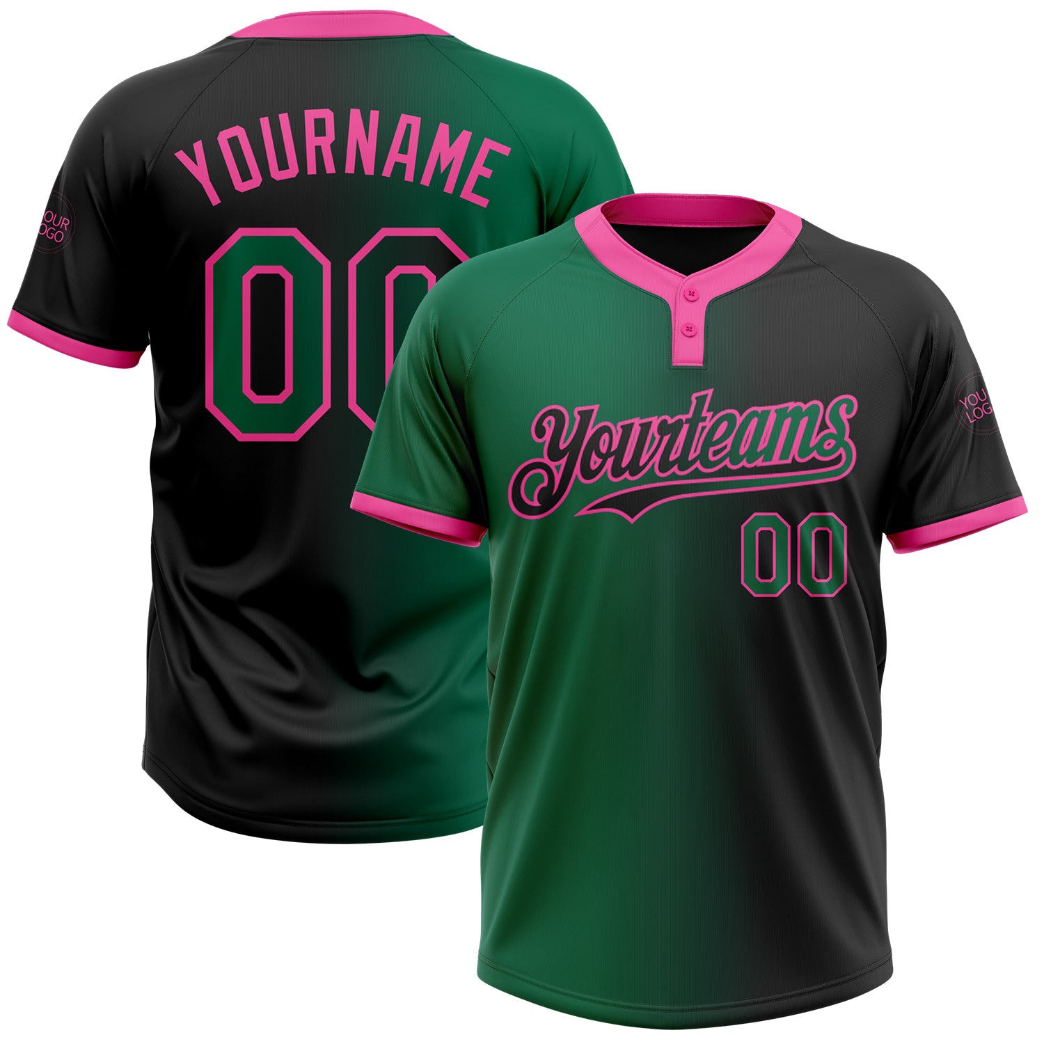 Custom Name and Number Unisex Softball Jersey in Black Kelly Green-Pink Gradient | Stylish Two-Button Design Personalized