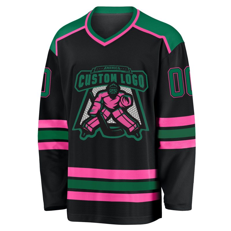 Custom Black Kelly Green Pink Hockey Jersey for Men and Women Personalized Black Kelly Green-Pink Hockey Jersey