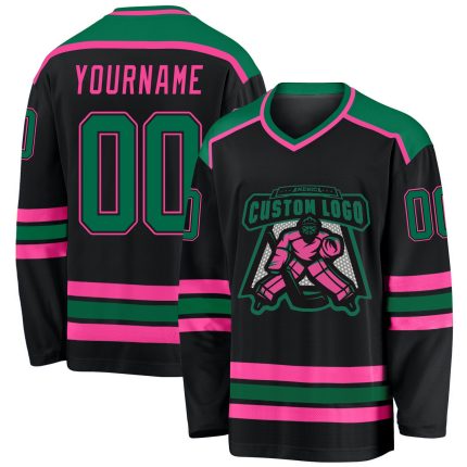 Custom Black Kelly Green Pink Hockey Jersey for Men and Women Personalized Black Kelly Green-Pink Hockey Jersey