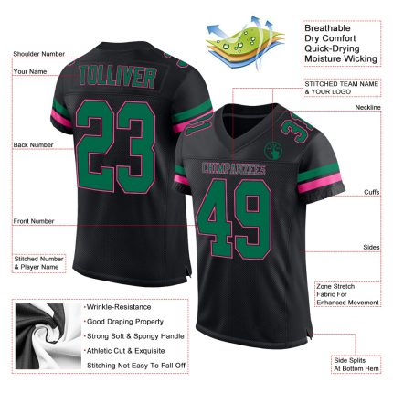 Custom Personalized Authentic Football Jersey - Black Kelly Green-Pink Mesh with Custom Name and Number Personalized Black