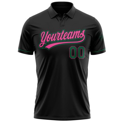 Custom Personalized Performance Golf Polo Shirt Black Kelly Green Pink - Team Name & Number Personalized Black Kelly Green-Pink