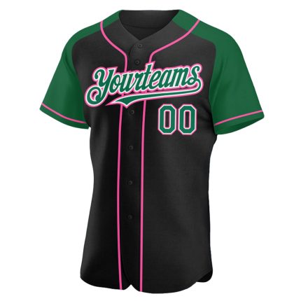 Custom Black Kelly Green-Pink Raglan Baseball Jersey for Men and Women Personalized Black Kelly Green-Pink Raglan Sleeves