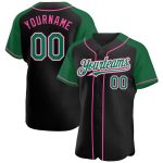 Custom Black Kelly Green-Pink Raglan Baseball Jersey for Men and Women Personalized Black Kelly Green-Pink Raglan Sleeves