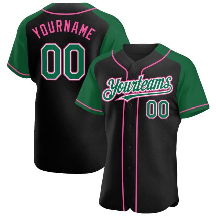 Custom Black Kelly Green-Pink Raglan Baseball Jersey for Men and Women Personalized Black Kelly Green-Pink Raglan Sleeves