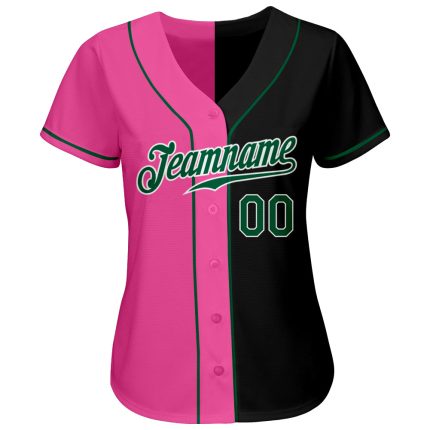 Personalized Black Green Pink Split Fashion Baseball Jersey for Women Personalized Black Kelly Green-Pink Split Fashion Baseball