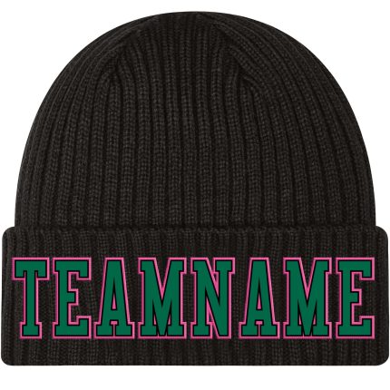 Custom Name and Number Personalized Cuffed Knit Hat in Black, Kelly Green, Pink - Team Beanie Personalized Black Kelly Green-Pink