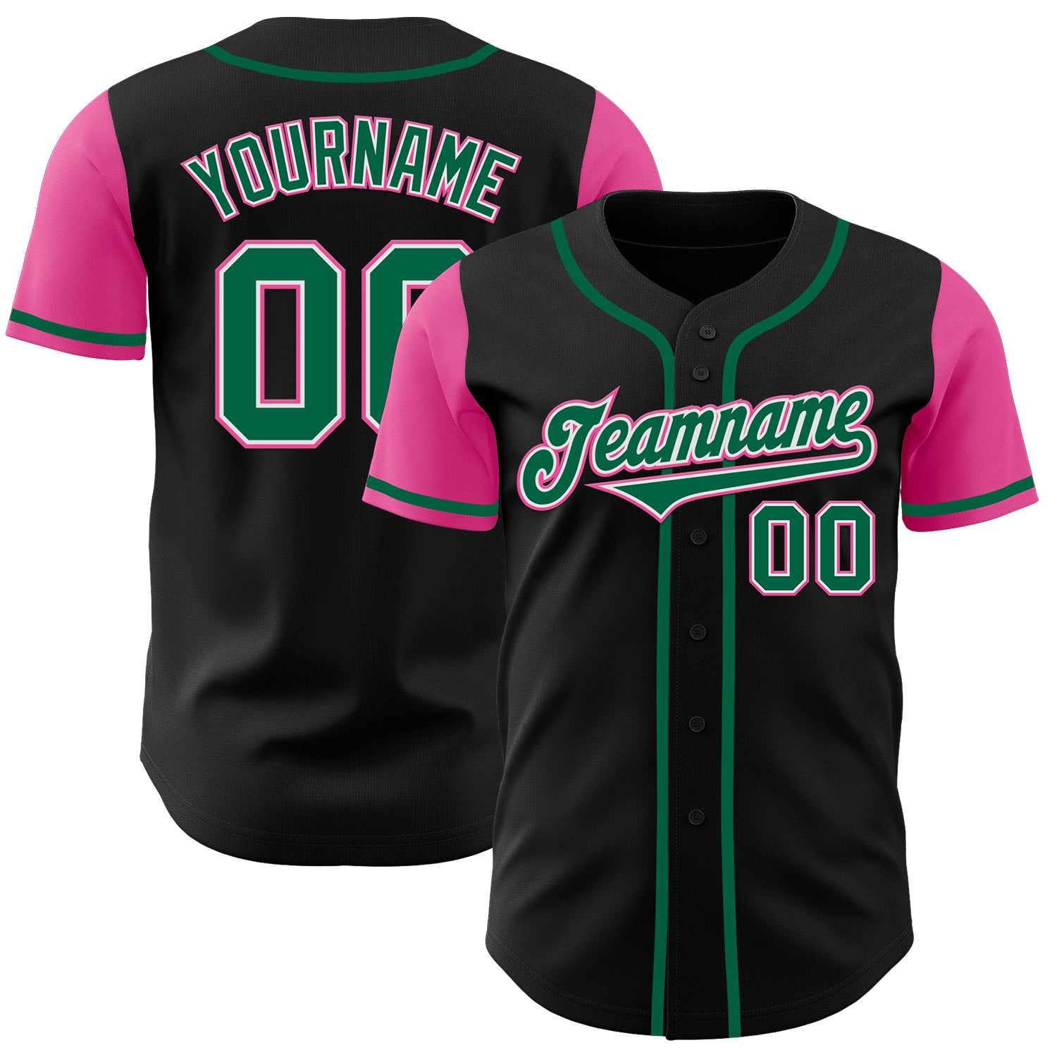 Personalized Two Tone Baseball Jersey Black Kelly Green Pink for Men and Women Personalized Black Kelly Green-Pink Two Tone
