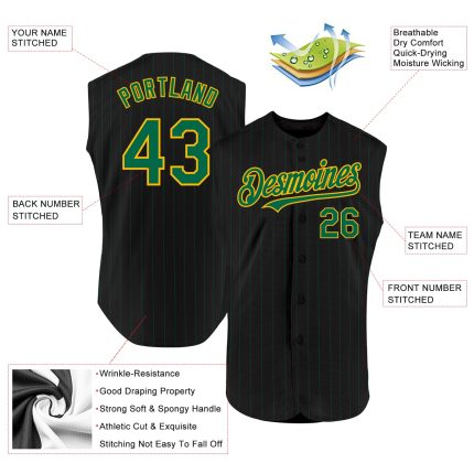 Personalized Sleeveless Baseball Jersey - Black Kelly Green Pinstripe Design Personalized Black Kelly Green Pinstripe Gold
