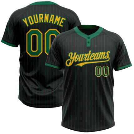 Custom Name and Number Unisex Softball Jersey Black Kelly Green Pinstripe Gold Two-Button Personalized Black Kelly Green