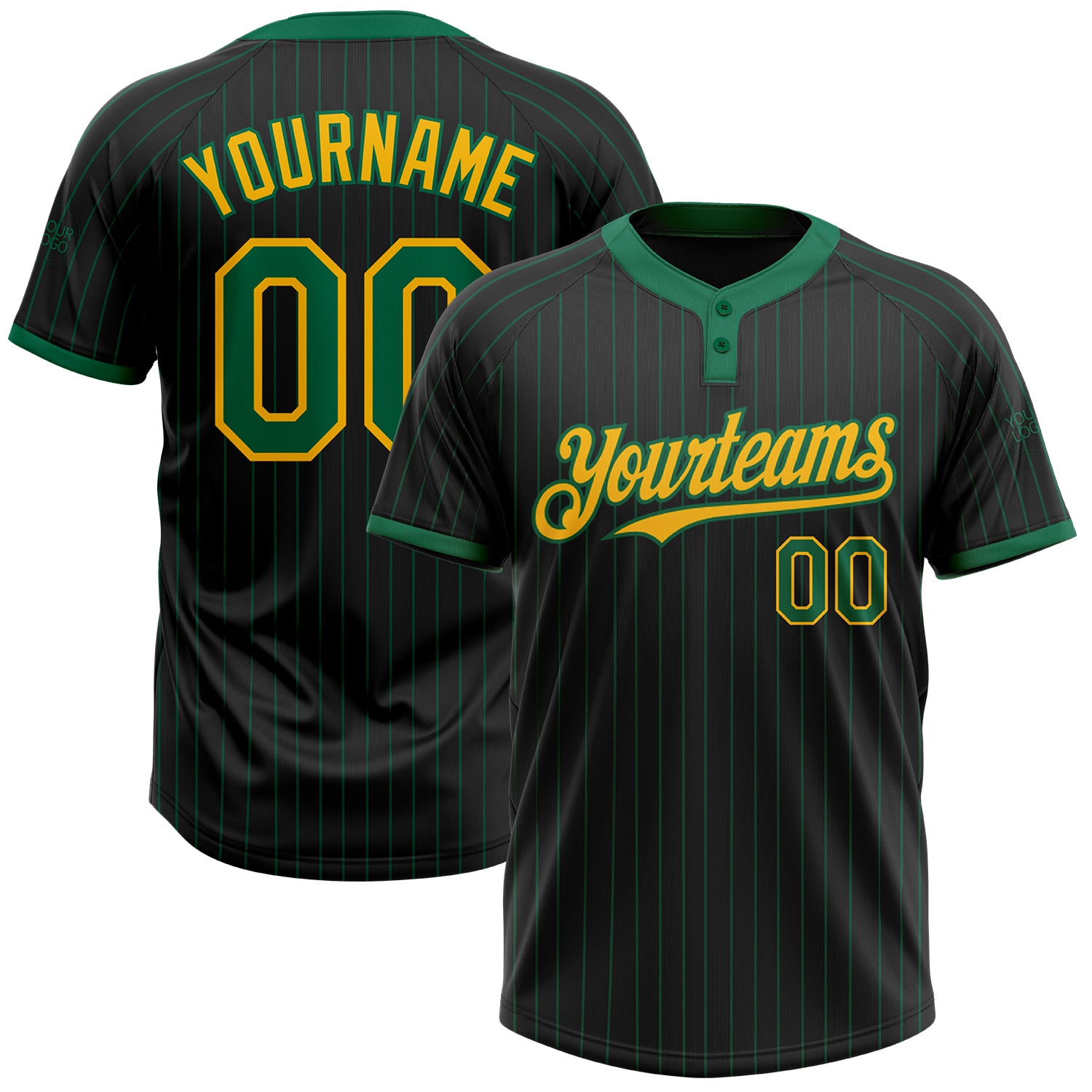 Custom Name and Number Unisex Softball Jersey Black Kelly Green Pinstripe Gold Two-Button Personalized Black Kelly Green