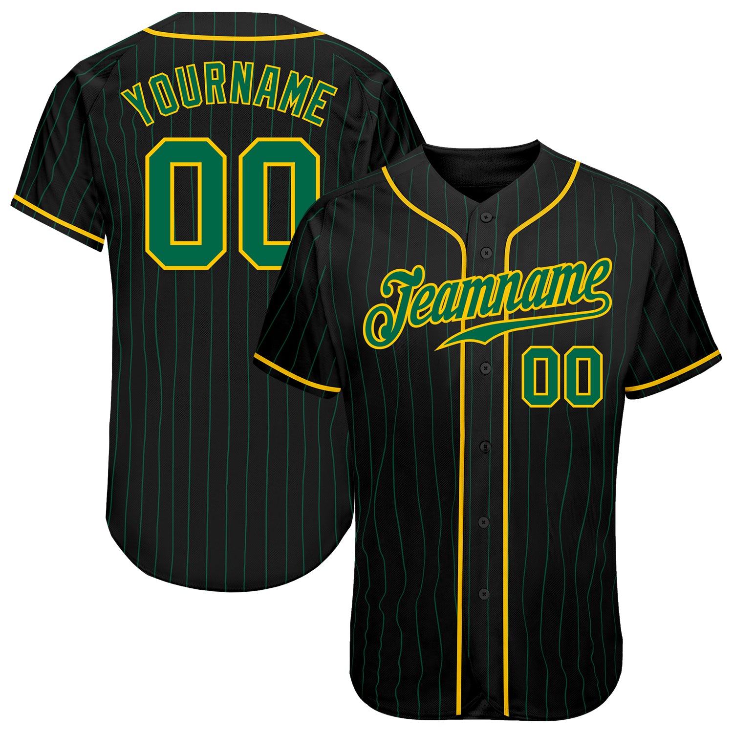 Personalized Black Kelly Green Baseball Jersey with Gold Pinstripes Personalized Black Kelly Green Pinstripe Kelly Green-Gold