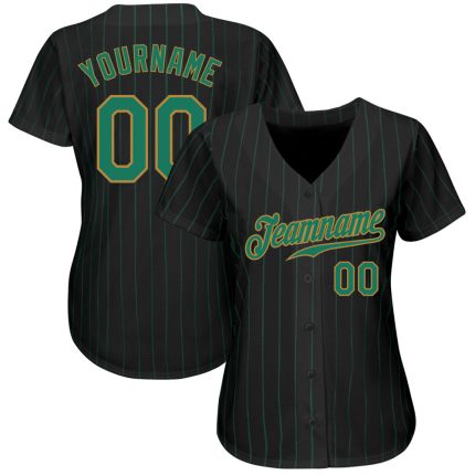 Personalized Black and Kelly Green Pinstripe Baseball Jersey - Custom Old Gold Design Personalized Black Kelly Green Pinstripe